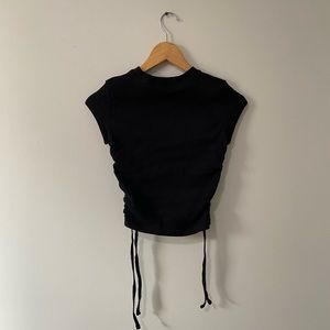 Women's Ribbed Ruched Fitted Tee (Size: US 2) (Color: Black)